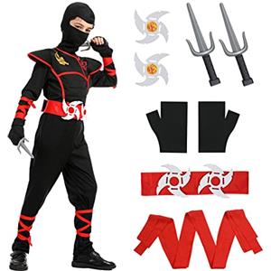 Aomig Ninja Costume per Bambini con Maschera, Pugnale, Freccette, Cintura, Guanti, Cinghia - per Cosplay Natale Carnevale Festa (L,8-9 anni)