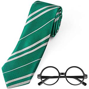 Aomig Mago Costume Cravatta, Halloween Occhiali Neri Rotondi Plastica Occhiali Senza Lenti, Accessori per Costumi da Mago per Bambino Adulto, per Cosplay, Book Week, Costume Festa, Carnevale(Verde)