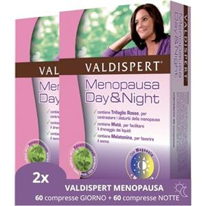 Valdispert Menopausa Day & Night, 60 Compresse Giorno e 60 Notte, Integratore Menopausa con Trifoglio Rosso, Magnesio, Melatonina e Matè, 120 Compresse