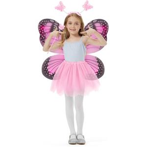 AYBUY Costume Fata Ragazza, 4 Pcs Costumi da farfalla Principessa con Bacchetta Magica e Fascia, Ali di Farfalla Set con Tutu Gonna, per Halloween Natale Festa Compleanno, Rosa