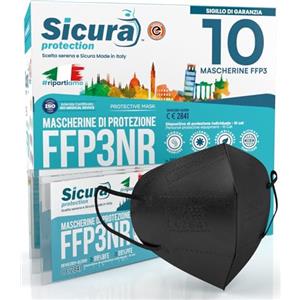 SICURA MASCHERINE CHIRURGICHE 10 Mascherine FFP3 Certificate CE Nere Made in Italy e logo SICURA impresso PFE ≥99% | BFE ≥99% Mascherina ffp3 italiana SANIFICATA e sigillata singolarmente