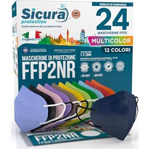 SICURA MASCHERINE CHIRURGICHE 24 Mascherine FFP2 certificate CE colorate Made in Italy BFE ≥99% Mix 12 Colori Blu, Arancioni, Rosse, Nere, Azzurre, Verdi, Verdi Mela, Gialle, Tortora, Viola, Rosa, Lavanda