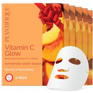 PLANTIFIQUE Maschera Viso in Tessuto Vitamin C Glow 5 Pezzi - Maschere Viso Ringiovanenti e Illuminanti con Pesca e Vitamina C - Cura della Pelle Coreana per Pelli Spente