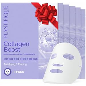 PLANTIFIQUE Maschera Viso in Tessuto Collagen Boost 5 Pezzi - Maschera Anti-Aging e Lifting con Collagene, Coenzima Q10 e Mirtilli - Skincare Coreano per un Aspetto Liscio e Rivitalizzato