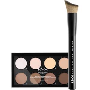 NYX Professional Makeup Pro Palette Highlight e Contour Illuminanti e Bronzer 8 Tonalità per Illuminare e Scolpire il Viso + Pennello Total Control Drop con Setole Angolate Curvate - Set da 2
