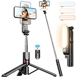 SelfieShow Bastone Selfie Treppiede con Luce di Riempimento, Treppiede per Telefono Extra Lungo da 111CM con Telecomando Staccabile Selfie Stick con Rotazione a 360° per Compatibile con iPhone Samsung Huawei