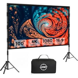 LEORFI Schermo proiettore con treppiede da 100 pollici per esterni - LEORFI Schermo proiettore portatile con borsa, leggero, proiezione interna frontale/posteriore - Schermo cinematografico 16:9 4K HD con