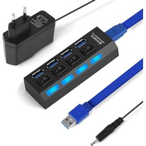 OFFCUP Hub USB Alimentato 4 Porte (1 USB 3.0 3 USB 2.0) Con Interruttori Individuali e Spie LED Ciabatta Multi Presa USB, Sdoppiatore USB, Plug & Play, per PC Laptop Stampante MacBook Mouse e Altro