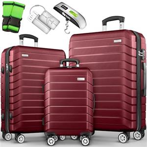 tillvex® Set di 3 valigie da viaggio + bilancia per bagagli, 6 cinghie per valigie e 3 etichette per bagagli, set da 4 ruote, trolley valigia TSA, serratura rigida M-L-XL, rosso