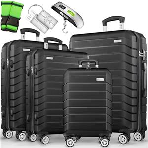 tillvex® Set 4 valigie rigide S-M-L-XL + bilancia, 8 cinghie e 4 etichette bagagli | Valigia da viaggio leggera con 4 ruote piroettanti | Guscio rigido in ABS con lucchetto TSA (Nero)