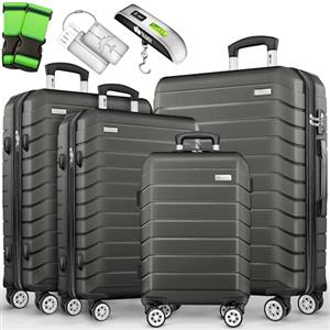 tillvex® Set 4 valigie rigide S-M-L-XL + bilancia, 8 cinghie e 4 etichette bagagli | Valigia da viaggio leggera con 4 ruote piroettanti | Guscio rigido in ABS con lucchetto TSA (Grigio/Antracite)