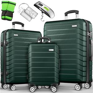 tillvex® Set di 3 valigie da viaggio + bilancia per bagagli, 6 cinghie per valigie e 3 etichette per bagagli, set da 4 ruote, trolley valigia TSA, serratura rigida M-L-XL, verde militare