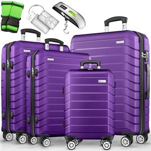 tillvex® Set 4 valigie rigide S-M-L-XL + bilancia, 8 cinghie e 4 etichette bagagli | Valigia da viaggio leggera con 4 ruote piroettanti | Guscio rigido in ABS con lucchetto TSA, Viola