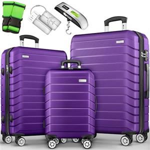 tillvex® Set di 3 valigie da viaggio + bilancia per bagagli, 6 cinghie per valigie e 3 etichette per bagagli, set da 4 ruote, trolley valigia TSA, serratura rigida M-L-XL, Viola