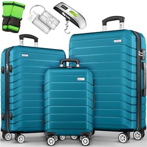 tillvex® Set di 3 valigie da viaggio + bilancia per bagagli, 6 cinghie per valigie e 3 etichette per bagagli, set da 4 ruote, trolley valigia TSA, serratura rigida M-L-XL, turchese
