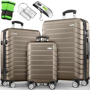 tillvex® Set di 3 valigie da viaggio + bilancia per bagagli, 6 cinghie per valigie e 3 etichette per bagagli, set da 4 ruote, trolley valigia TSA, serratura rigida M-L-XL, oro rosa