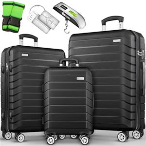 tillvex® Set di 3 valigie da viaggio + bilancia per bagagli, 6 cinghie per valigie e 3 etichette per bagagli, set da 4 ruote, trolley valigia TSA, serratura rigida M-L-XL, Nero