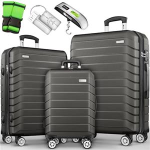 tillvex® Set di 3 valigie da viaggio + bilancia per bagagli, 6 cinghie per valigie e 3 etichette per bagagli, set da 4 ruote, trolley valigia TSA, serratura rigida M-L-XL, Grigio/antracite