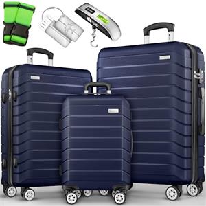 tillvex® Set di 3 valigie da viaggio + bilancia per bagagli, 6 cinghie per valigie e 3 etichette per bagagli, set da 4 ruote, trolley valigia TSA, serratura rigida M-L-XL, blu navy