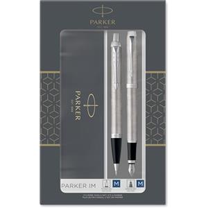 Parker IM Duo set regalo con penna a sfera e penna stilografica | acciaio inossidabile, Puntale cromato | cartuccia e ricarica di inchiostro blu | confezione regalo