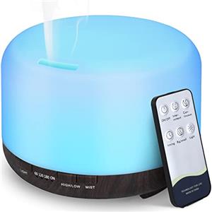 Hianjoo Diffusore Aromatico 450ml Umidificatore con Timer, Diffusore di Aromaterapia a Ultrasuoni 7 Colori LED con Telecomando per Camera da Letto Ufficio Yoga Spa Legno Scuro