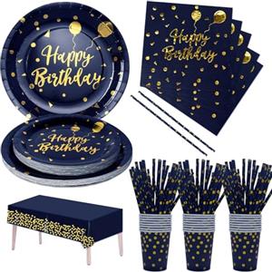 Nkaiso Compleanno Stoviglie per feste Blu Navy Oro 121 Pezzi Carta Set Include Piatti Tovaglioli Tazze Forniture per la Decorazione di feste -24 Ospiti