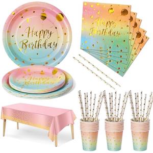 Nkaiso Compleanno Stoviglie per feste Oro Arcobaleno 121 Pezzi Carta Set Include Piatti usa e getta, Tovaglioli Bicchieri Forniture per la Decorazione di feste -24 Ospiti