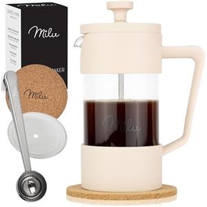 Milu French Press - Caffettiera in vetro, 350 ml, 600 ml, 1 l, per casa, viaggi, campeggio, con sottobicchiere, cucchiaio, filtro di ricambio (beige, 350 ml (2 tazze)