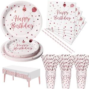Nkaiso Compleanno Stoviglie per feste Carta Rosa Oro 121 Pezzi Carta Set Include Piatti Tovaglioli Tazze Forniture per la Decorazione di feste -24 Ospiti