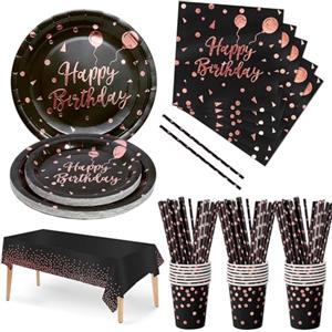 Nkaiso Compleanno Stoviglie per feste Nero e Oro Rosa 121 Pezzi Carta Set Include Piatti usa e getta, Tovaglioli Bicchieri Forniture per la Decorazione di feste -24 Ospiti