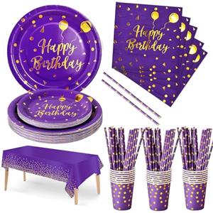 Nkaiso Compleanno Stoviglie per feste Oro Viola 121 Pezzi Carta Set Include Piatti usa e getta, Tovaglioli Bicchieri Forniture per la Decorazione di feste -24 Ospiti