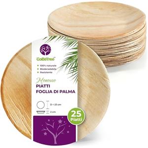 GoBeTree 25 Piatti in foglia di palma rotondi 23 cm usa e getta. Servizio da tavola ecologico e robusto per barbecue, picnic e feste di compleanno, simili al bambù, più resistenti dei piatti di carta