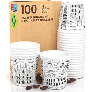 Eurocali 100 Bicchierini in Carta per caffè 65ml Italy White Bicchieri Ecologici Biodegradabili Monouso Piccoli Asporto Bevande Calde
