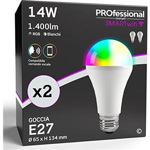 Eurocali 2x Lampadine LED Smart Wifi E27 14W Alexa Google Dimmerabili Opaca (1400 lumen pari a 85W) Goccia Luce Bianchi + RGB Fascio Luminoso 200