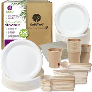 GoBeTree Stoviglie usa e getta di 200 pezzi per 25 persone. Stoviglie ecologiche fatte di canna da zucchero. Include 50 piatti, 75 posate di legno, 25 bicchieri di carta kraft e 50 tovaglioli.