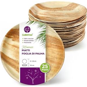 GoBeTree 25 Piatti in foglia di palma rotondi 25 cm usa e getta. Servizio da tavola ecologico e robusto per barbecue, picnic e feste di compleanno, simili al bambù, più resistenti dei piatti di carta