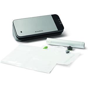 FoodSaver VS2190X Macchina per Sottovuoto Alimenti, 10 Sacchetti Pretagliati, 1 Rotolo da 2,5 mt, Tubo Aspirazione Aria con adattatore Salva Freschezza, Argento/Nero