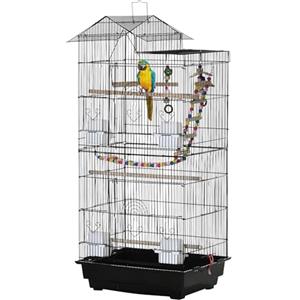 PawHut Gabbia per Uccelli, Voliera con Maniglia e Porte, Gabbietta con Altalena, Ciotole e Giochi, 46x36x100 cm, Nero