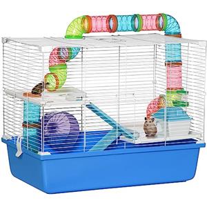 PawHut Gabbia per Criceti a 3 Livelli con Tubi, Casetta, Serbatoio dell'Acqua e Ruota, 59x36x47 cm, Blu e Bianco