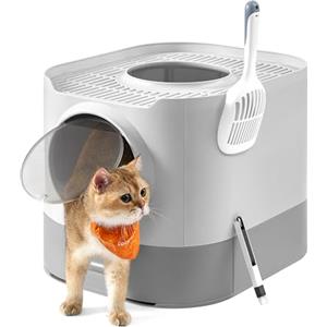 Feandrea Lettiera per Gatti Chiusa, Toilette per Gatti di Diverse Taglie XXL, con Coperchio, Vassoio Estraibile, Paletta, Spazzola, Meno Tracce, Grigio Tortora e Grigio Chiaro PPT002GD01