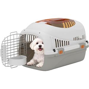 PawHut Trasportino per Gatti e Cani Piccoli in Plastica, Trasportino con Finestra Superiore, Porta in Acciaio, Ciotola per Cibo, per Animali max 4 kg, 49x32x31 cm, Grigio