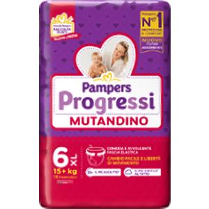 Pampers Progressi Mutandino 6 XL (15 kg) - Confezione da 15 Pezzi con Cuore Assorbente e Fascia Elastico