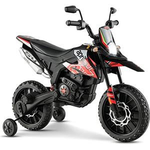 GYMAX Moto Elettrica 12V, Moto per Bambini con 2 Ruote di Supporto, Faro, Musica per Bambini 3-8 Anni, Veicolo per Bambini con Doppio Motore e Ammortizzatori, 5,5-6 km/h (Nero-Rosso)