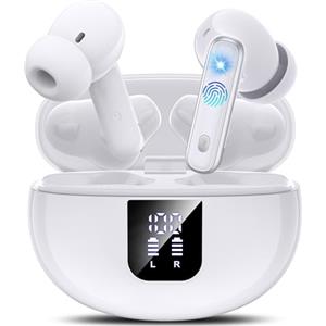 EUQQ Cuffie Bluetooth 5.4 - Auricolari Bluetooth 6-7 Ore Cuffiette con 6 HD Mics ANC/ENC Cancellazione Rumore con Stereo HiFi, 36 Ore di Riproduzione con LED per iOS Android, USB-C, Bianco (2025)