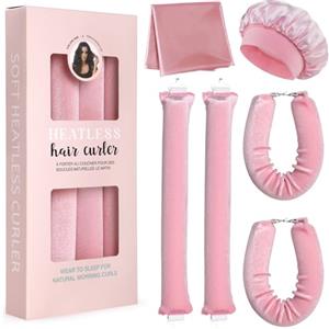 GeeRic 4pcs Bigodini Capelli Senza Calore，GeeRic Bigodino Lungo per Boccoli+Cuffia Doccia+Foulard da Fisso Flessibile Boccoli Arricciacapelli per Capelli DIY Salone Strumento a Styling Dormo (Rosa)