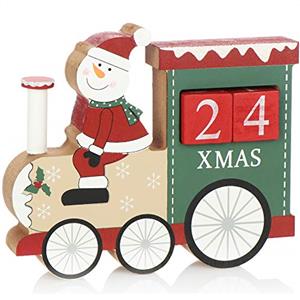 COM-FOUR® Calendario dell'avvento in legno - calendario cubo a forma di treno - calendario da tavolo decorativo come conto alla rovescia per il Natale (Treno - Pupazzo di neve)