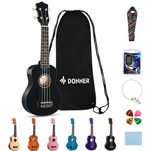 Donner Ukulele per Principiante Soprano Ukulele Kit 21 Polllici con Custodia Corde Ukelele Hawaiano Online Lezione Colore Nero