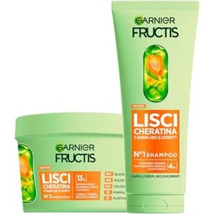 Garnier Fructis Lisci Cheratina Set Shampoo 200ml + Maschera 370ml Trattamento Lisciante Cheratina Vegetale e Olio di Argan per Capelli Secchi e Spenti Formula Vegana - Set da 2