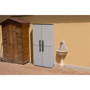 Dmora - Armadio da esterno Geel, Mobile porta scope multiuso, Armadietto outdoor 2 ante, 100% Made in Italy, Finitura righe, 68x37h163 cm, Grigio e Nero