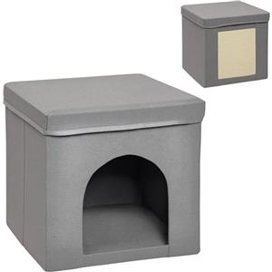 PawHut Casetta per Gatti Pieghevole a Forma di Cubo, Cuccia per Gatti con Cuscino Imbottito e Tappetino Tiragraffi, 36.5x36.5x36.5 cm, Grigio